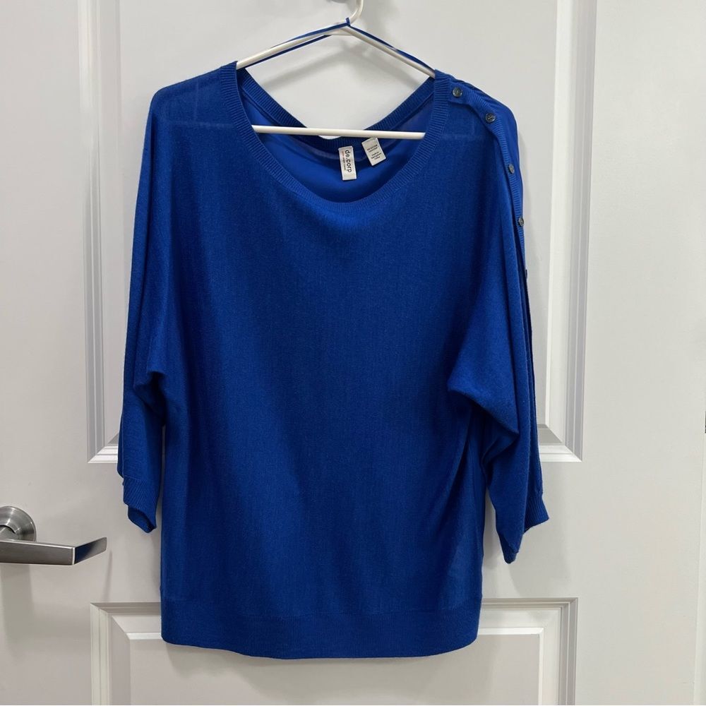 Esprit Dolman Sleeve Blue Top with Left Shoulder / Sleeve Button Top Size S